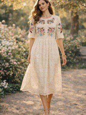 Roolee Ivory Embroidered Floral Midi Dress Boho Lace Detail Sz M